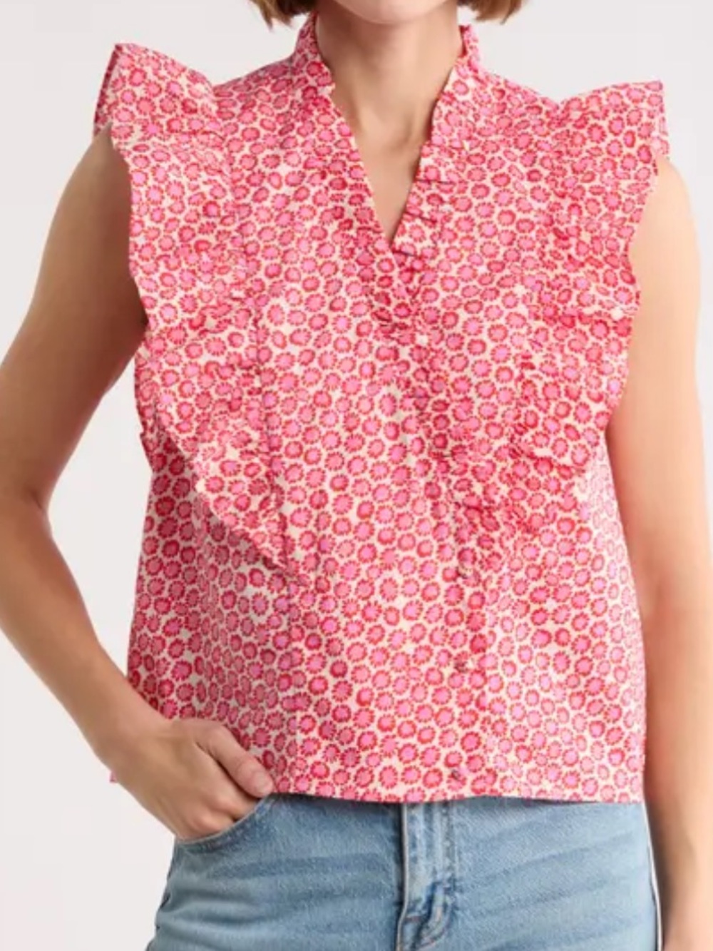 FRNCH Pink Floral Ruffle V-Neck wrap button down Sleeveless Top